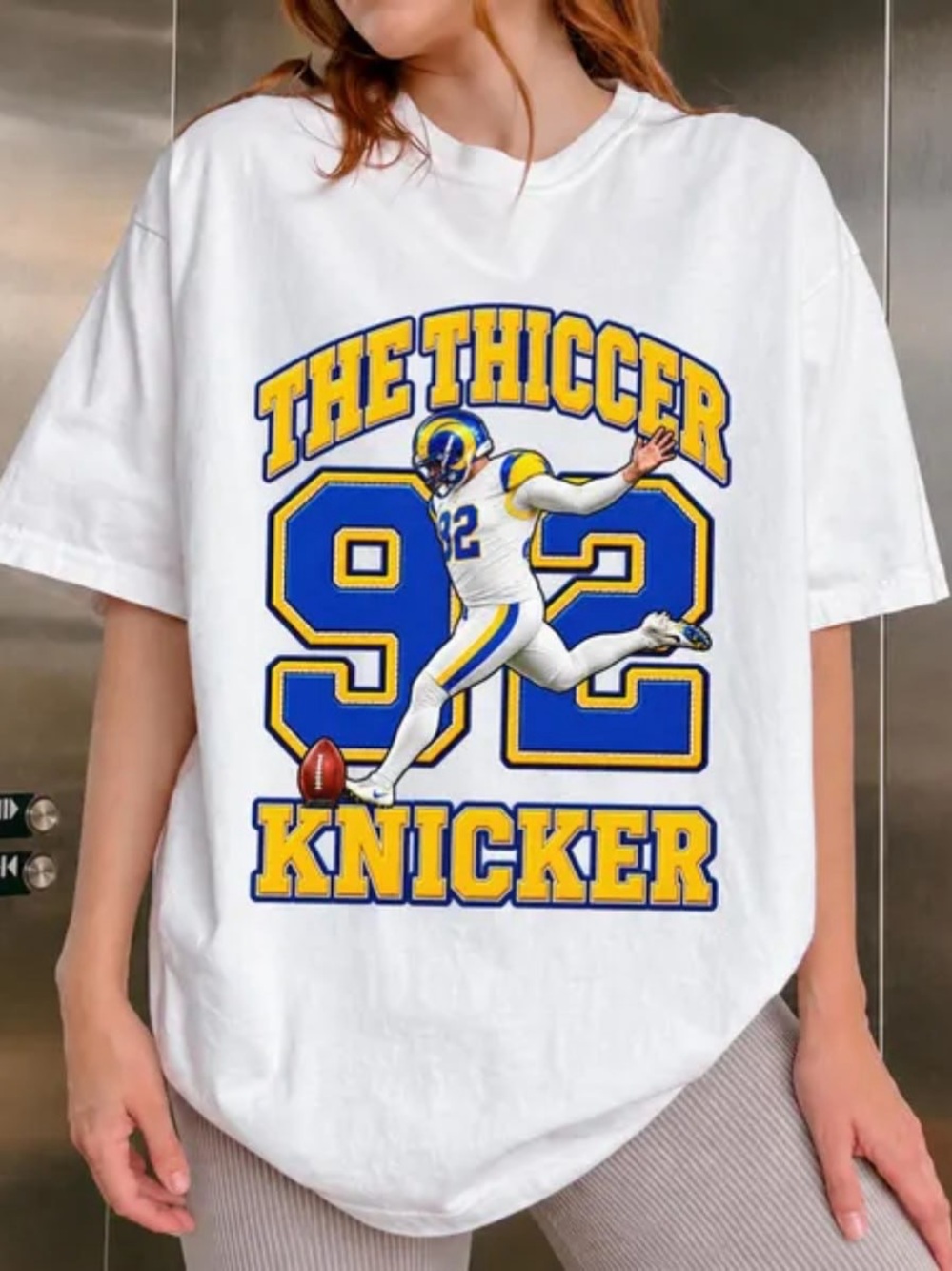 White Short Sleeve Tee with Blue & Yellow Football Graphic